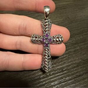 Carolyn Pollack AMETHYST FILIGREE CROSS STERLING SILVER 925 ENHANCER PENDANT